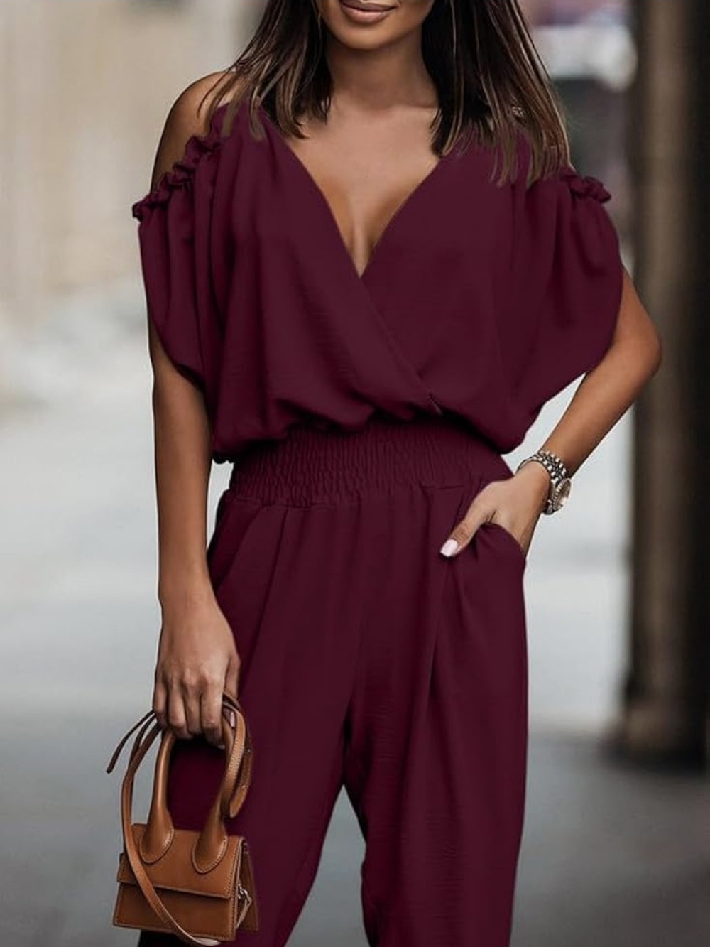 Women's Off-Shoulder V-Neck Jumpsuit in Burgundy